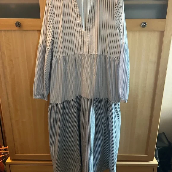 Maeve for Anthropologie Bonnie Striped Blue and White Tiered Midi Dress - Picture 6 of 7